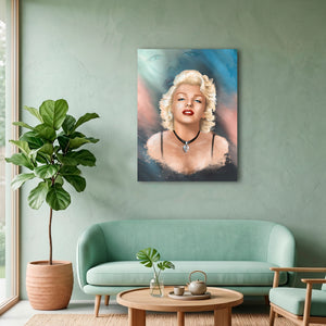 Cuadro de Marilyn Monroe en tonos pastel impreso en lienzo de algodón, vista en ángulo sobre fondo blanco