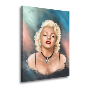 Cuadro de Marilyn Monroe en tonos pastel impreso en lienzo de algodón, vista en ángulo sobre fondo blanco