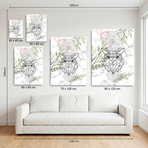 Medidas disponibles del cuadro de búho geométrico con mandala en MDF, de 30x40 a 90x120 cm, sobre sofá
