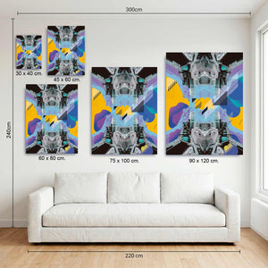 Medidas disponibles del cuadro de collage urbano amarillo y lila en MDF, de 30x40 a 90x120 cm, sobre sofá