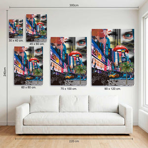 Medidas disponibles del cuadro de collage pop de Nueva York en MDF, de 30x40 a 90x120 cm, sobre sofá