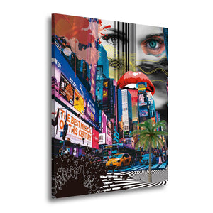 Cuadro de collage pop de Nueva York con mirada y labios rojos en MDF, sobre fondo blanco