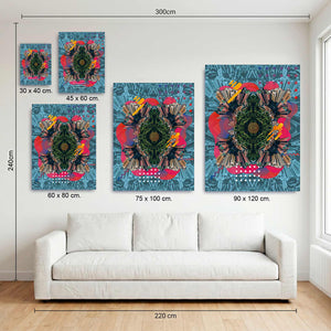 Medidas disponibles del cuadro de mandala urbano caleidoscópico en MDF, de 30x40 a 90x120 cm, sobre sofá