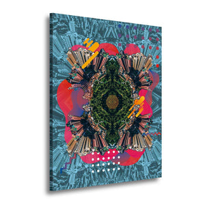 Cuadro de mandala urbano caleidoscópico en turquesa y fucsia en MDF, sobre fondo blanco