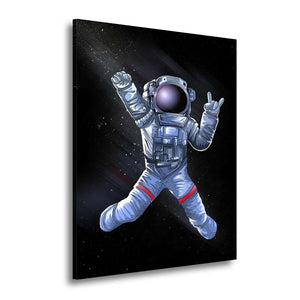 Cuadro de astronauta rockero en MDF sobre fondo blanco, flotando en el espacio con fondo negro estrellado
