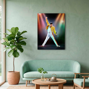 Cuadro de Freddie Mercury en concierto en MDF en sala verde menta con sofá y planta