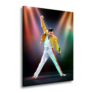 Cuadro de Freddie Mercury en concierto bajo luces de colores en MDF, sobre fondo blanco