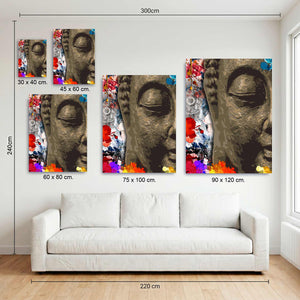 Medidas disponibles del cuadro de rostro sereno de Buda de bronce en MDF, de 30x40 a 90x120 cm, sobre sofá