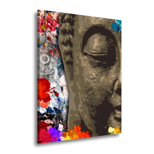 Cuadro de rostro sereno de Buda con collage de pintura vibrante en MDF, sobre fondo blanco