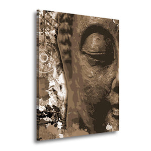 Cuadro de rostro de Buda en sepia con ojos cerrados y expresión serena en MDF, sobre fondo blanco